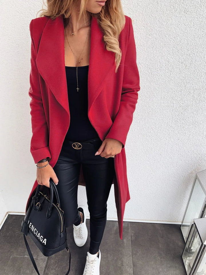 Damen mittellanger Wollmantel mit Knopfverschluss und Taschen