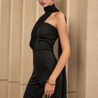 WW | Einfarbige Gerade Overall mit Gürtel, Bustier, Rückenausschnitt, Neckholder, Ärmellos, Damen, Casual, Elegant, Freizeitmode