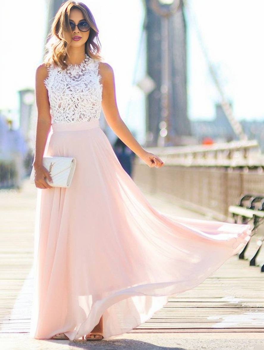 WW | Lange Brautjungfernkleid Spitze Chiffon Fluid Rundhals Ärmellos Elegant Rosa und Weiß