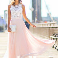 WW | Lange Brautjungfernkleid Spitze Chiffon Fluid Rundhals Ärmellos Elegant Rosa und Weiß