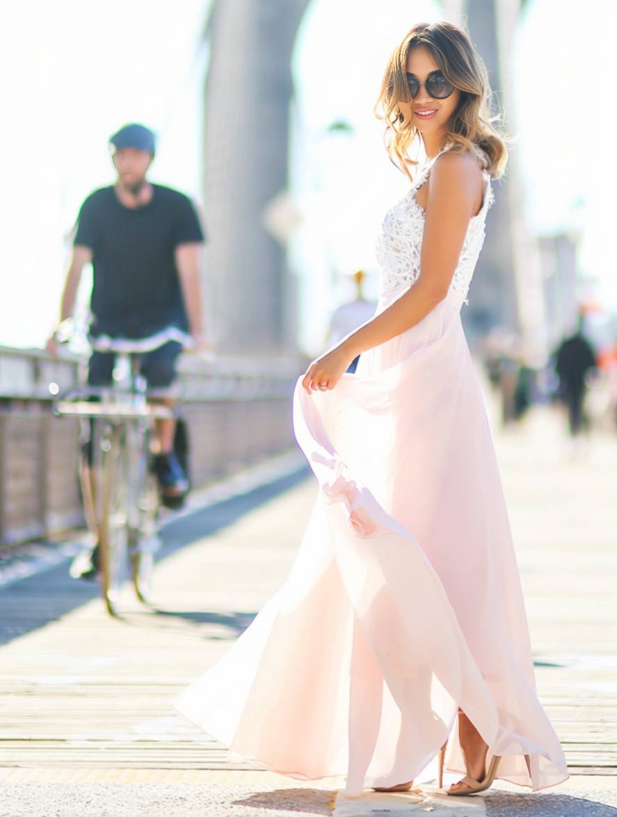 WW | Lange Brautjungfernkleid Spitze Chiffon Fluid Rundhals Ärmellos Elegant Rosa und Weiß