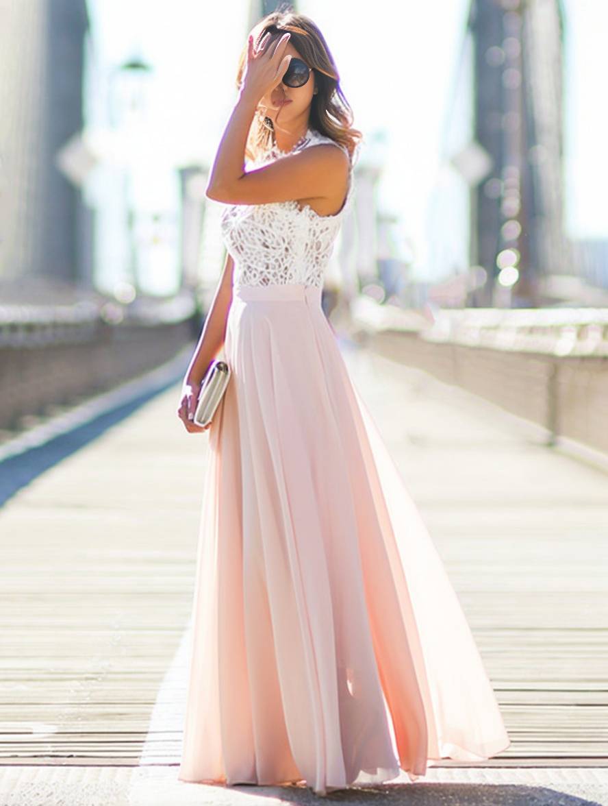 WW | Lange Brautjungfernkleid Spitze Chiffon Fluid Rundhals Ärmellos Elegant Rosa und Weiß