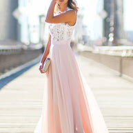 WW | Lange Brautjungfernkleid Spitze Chiffon Fluid Rundhals Ärmellos Elegant Rosa und Weiß