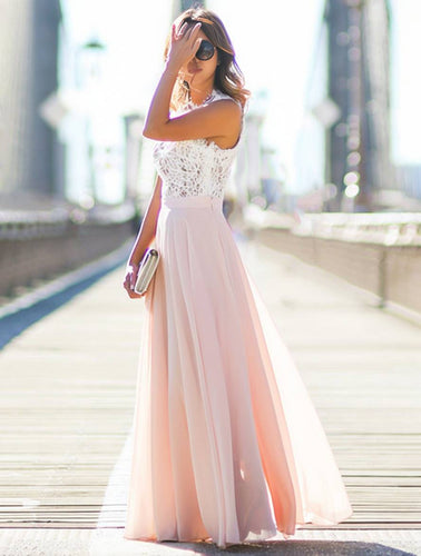 WW | Lange Brautjungfernkleid Spitze Chiffon Fluid Rundhals Ärmellos Elegant Rosa und Weiß