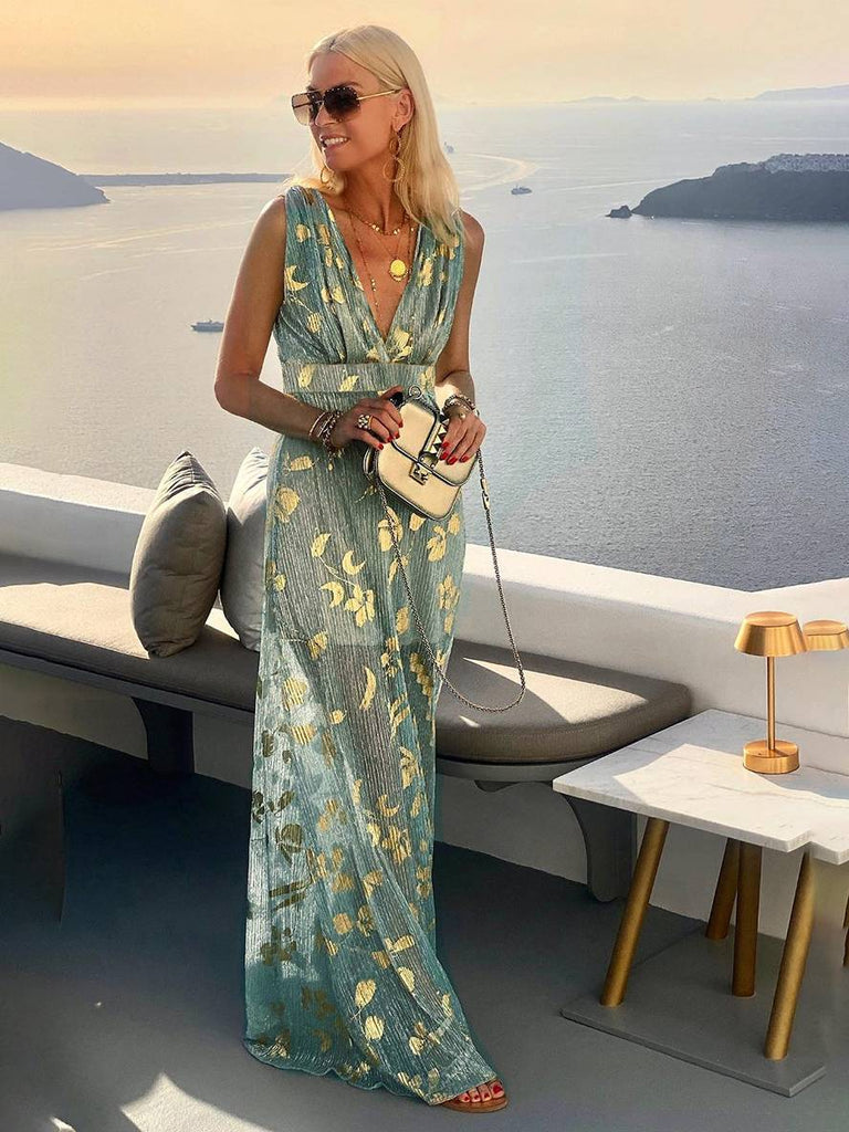 WW | Langes Kleid Bronzage Glänzend Pailletten V-Ausschnitt Ohne Ärmel Elegante Damen Abendkleid Strand