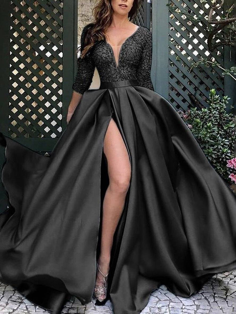 WW | Maxi Lange Robe mit Spitze Seitlich V-Ausschnitt Elegante Damen Abendzeremonie
