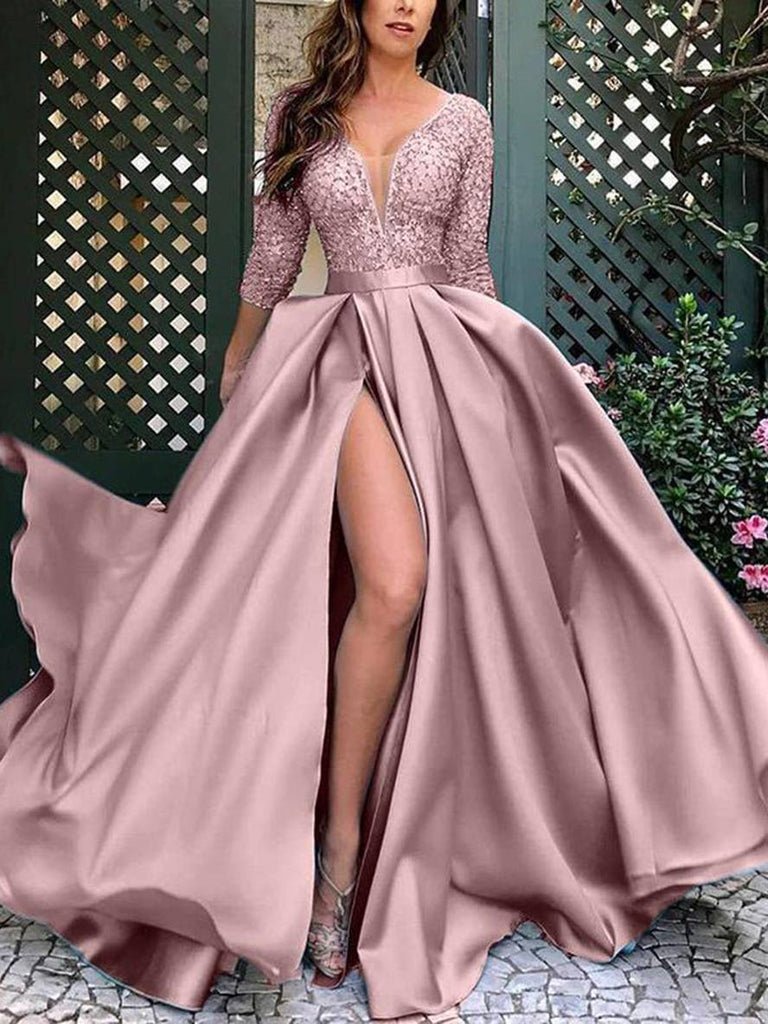 WW | Maxi Lange Robe mit Spitze Seitlich V-Ausschnitt Elegante Damen Abendzeremonie