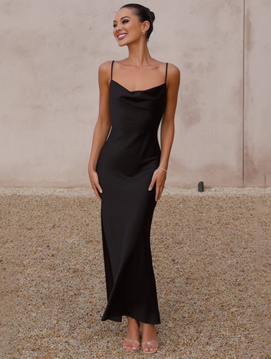 WW | Kleid Brautjungfer Satin Enganliegend Rückenfrei mit Feinen Trägern Elegante Damen Abendgesellschaft Hochzeitsgast