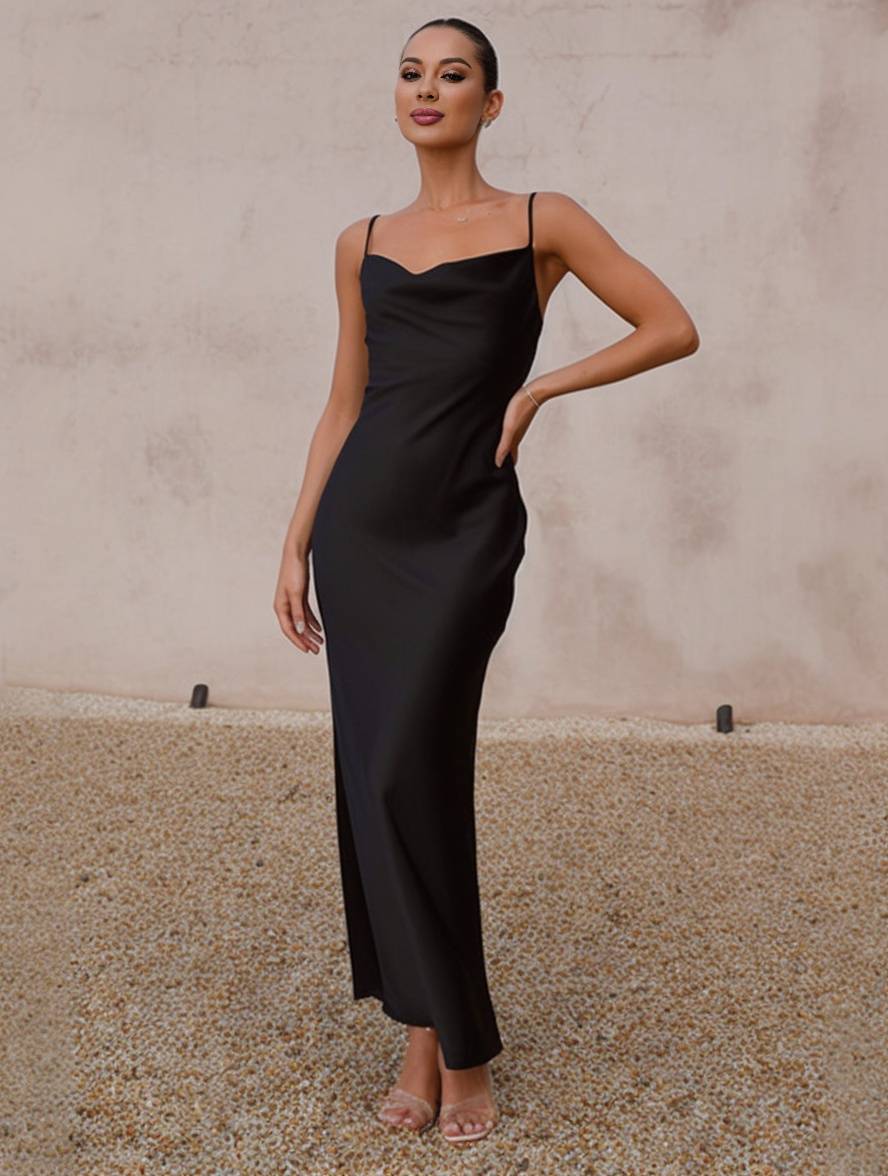 WW | Kleid Brautjungfer Satin Enganliegend Rückenfrei mit Feinen Trägern Elegante Damen Abendgesellschaft Hochzeitsgast