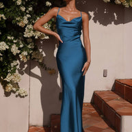 WW | Kleid Brautjungfer Satin Enganliegend Rückenfrei mit Feinen Trägern Elegante Damen Abendgesellschaft Hochzeitsgast