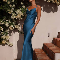 WW | Kleid Brautjungfer Satin Enganliegend Rückenfrei mit Feinen Trägern Elegante Damen Abendgesellschaft Hochzeitsgast