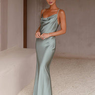 WW | Kleid Brautjungfer Satin Enganliegend Rückenfrei mit Feinen Trägern Elegante Damen Abendgesellschaft Hochzeitsgast