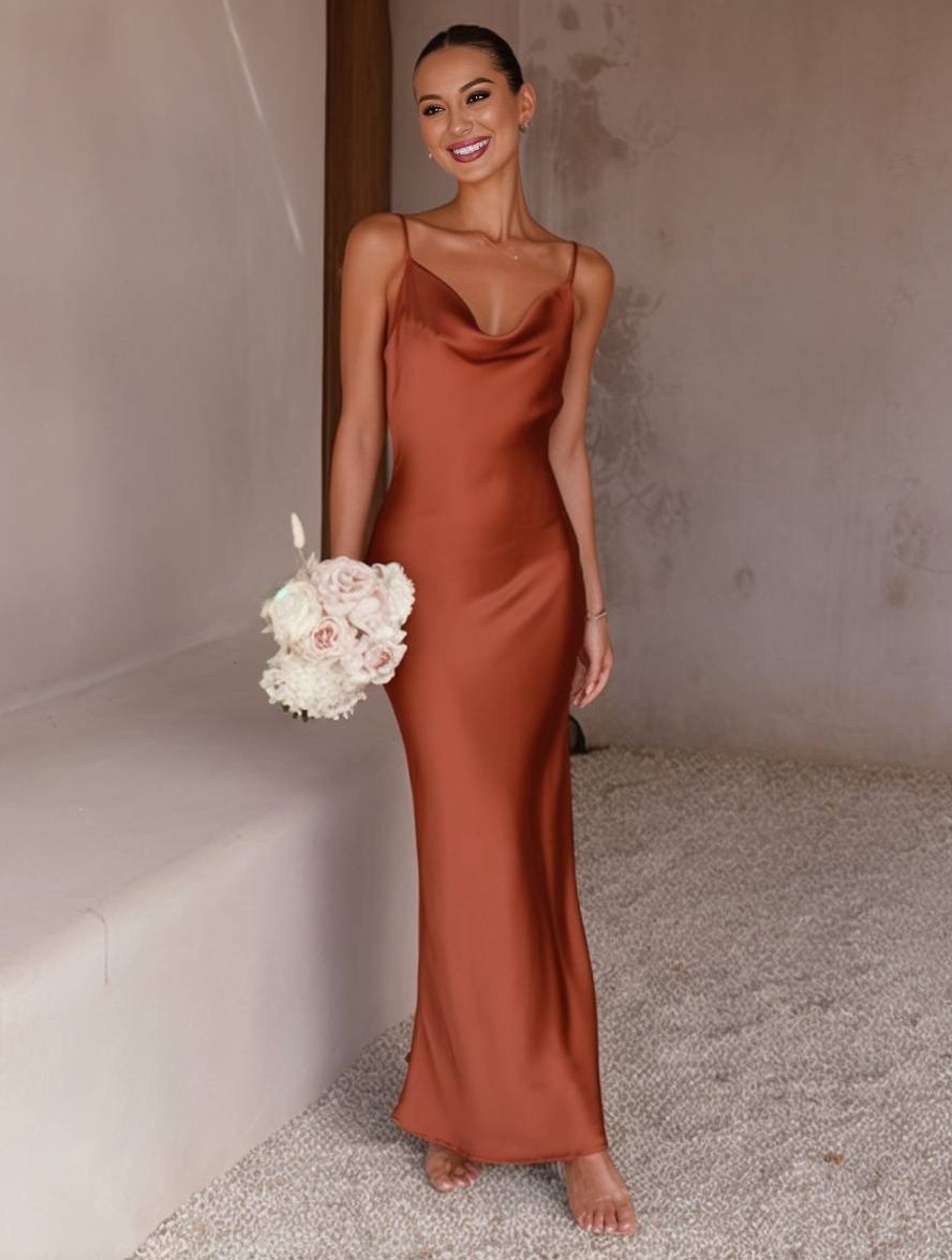 WW | Kleid Brautjungfer Satin Enganliegend Rückenfrei mit Feinen Trägern Elegante Damen Abendgesellschaft Hochzeitsgast