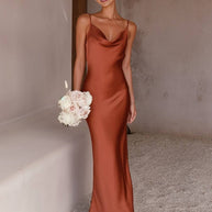 WW | Kleid Brautjungfer Satin Enganliegend Rückenfrei mit Feinen Trägern Elegante Damen Abendgesellschaft Hochzeitsgast