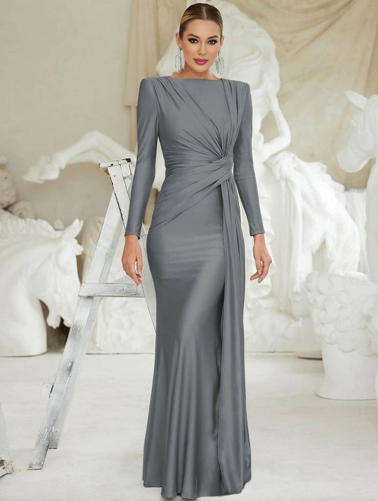 WW | Elegante Lange Einfarbige Taillierte Robe mit Rundhalsausschnitt und Langen Ärmeln für Damen Hochzeitsgast Abendkleid