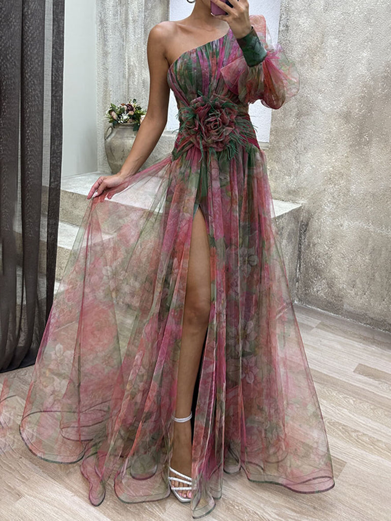 WW | Lange Kleid Blumenmuster Tüll Schlitz Eine Schulter Bischof Ärmel Lange Ärmel Damen Elegant Abendkleid