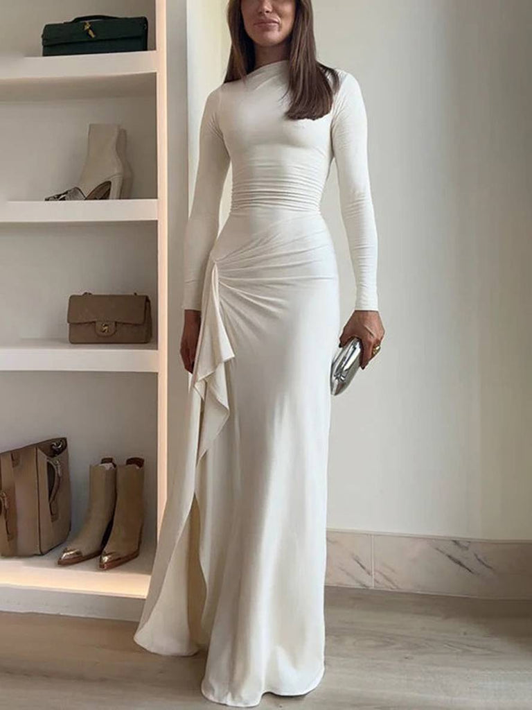 WW | Lange Figurbetonte Kleid mit Seitenschlitz Rundhalsausschnitt Unregelmäßig Damen Elegant Lässig Zeremonie Abschlussball