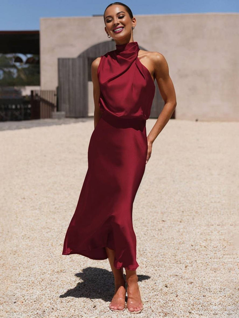 WW | Lange Satin Brautjungfernkleid Unregelmäßiger Rollkragen Halsband Ärmless Elegant Abendkleid für Hochzeit