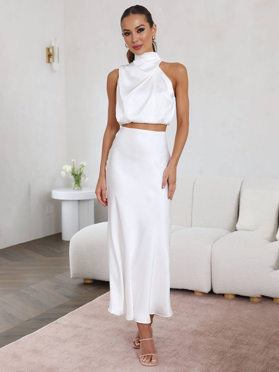 WW | Kleid Gäste Hochzeit Damen Halter Ärmellos Damen Elegante Abend Zweiteilige Brautjungfernkleid