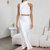 WW | Kleid Gäste Hochzeit Damen Halter Ärmellos Damen Elegante Abend Zweiteilige Brautjungfernkleid