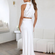 WW | Kleid Gäste Hochzeit Damen Halter Ärmellos Damen Elegante Abend Zweiteilige Brautjungfernkleid