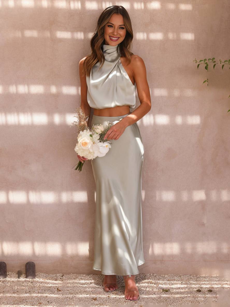 WW | Kleid Gäste Hochzeit Damen Halter Ärmellos Damen Elegante Abend Zweiteilige Brautjungfernkleid