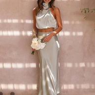 WW | Kleid Gäste Hochzeit Damen Halter Ärmellos Damen Elegante Abend Zweiteilige Brautjungfernkleid
