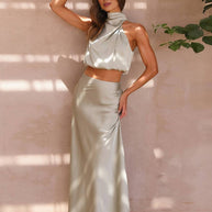 WW | Kleid Gäste Hochzeit Damen Halter Ärmellos Damen Elegante Abend Zweiteilige Brautjungfernkleid
