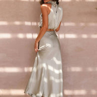 WW | Kleid Gäste Hochzeit Damen Halter Ärmellos Damen Elegante Abend Zweiteilige Brautjungfernkleid