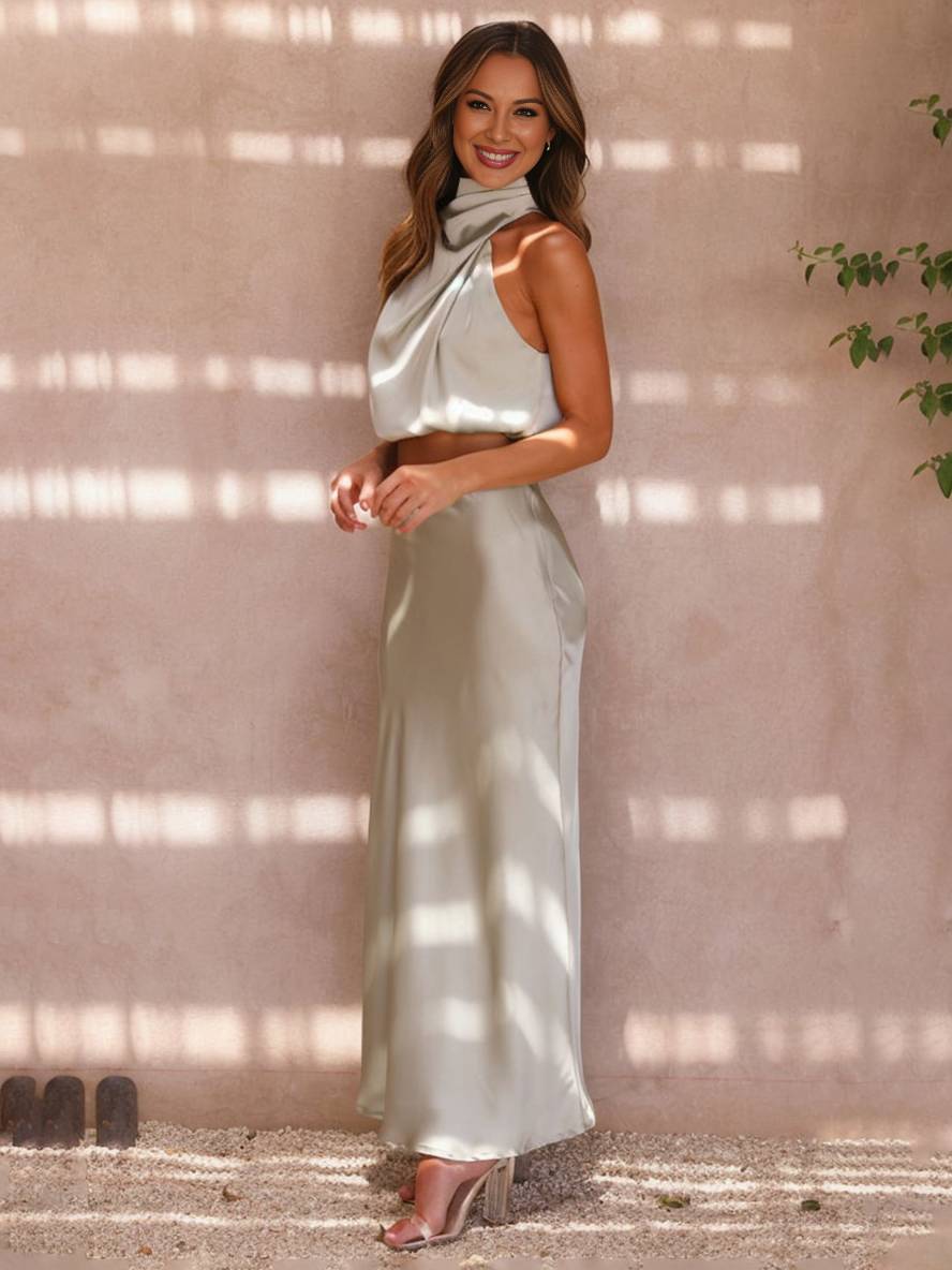 WW | Kleid Gäste Hochzeit Damen Halter Ärmellos Damen Elegante Abend Zweiteilige Brautjungfernkleid