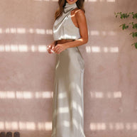 WW | Kleid Gäste Hochzeit Damen Halter Ärmellos Damen Elegante Abend Zweiteilige Brautjungfernkleid