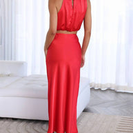 WW | Kleid Gäste Hochzeit Damen Halter Ärmellos Damen Elegante Abend Zweiteilige Brautjungfernkleid