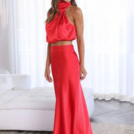 WW | Kleid Gäste Hochzeit Damen Halter Ärmellos Damen Elegante Abend Zweiteilige Brautjungfernkleid