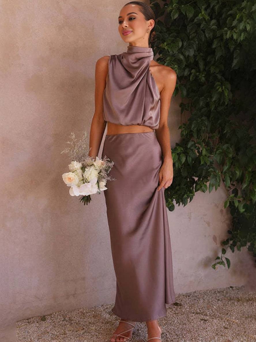 WW | Kleid Gäste Hochzeit Damen Halter Ärmellos Damen Elegante Abend Zweiteilige Brautjungfernkleid