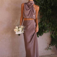 WW | Kleid Gäste Hochzeit Damen Halter Ärmellos Damen Elegante Abend Zweiteilige Brautjungfernkleid