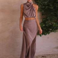 WW | Kleid Gäste Hochzeit Damen Halter Ärmellos Damen Elegante Abend Zweiteilige Brautjungfernkleid