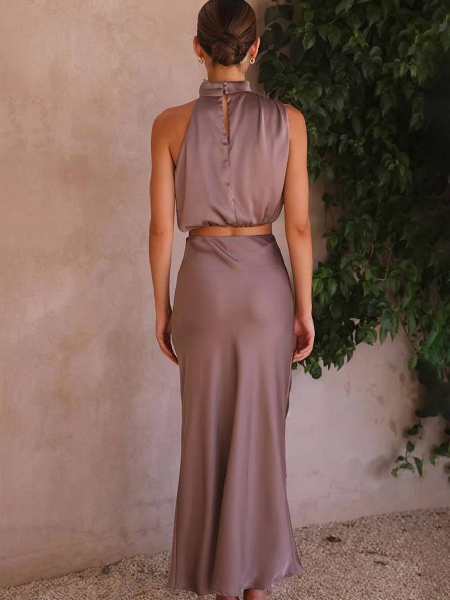 WW | Kleid Gäste Hochzeit Damen Halter Ärmellos Damen Elegante Abend Zweiteilige Brautjungfernkleid