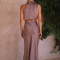 WW | Kleid Gäste Hochzeit Damen Halter Ärmellos Damen Elegante Abend Zweiteilige Brautjungfernkleid