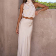 WW | Kleid Gäste Hochzeit Damen Halter Ärmellos Damen Elegante Abend Zweiteilige Brautjungfernkleid