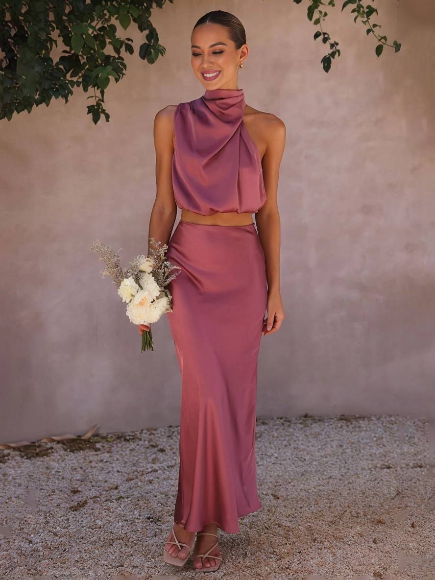 WW | Kleid Gäste Hochzeit Damen Halter Ärmellos Damen Elegante Abend Zweiteilige Brautjungfernkleid