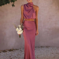 WW | Kleid Gäste Hochzeit Damen Halter Ärmellos Damen Elegante Abend Zweiteilige Brautjungfernkleid