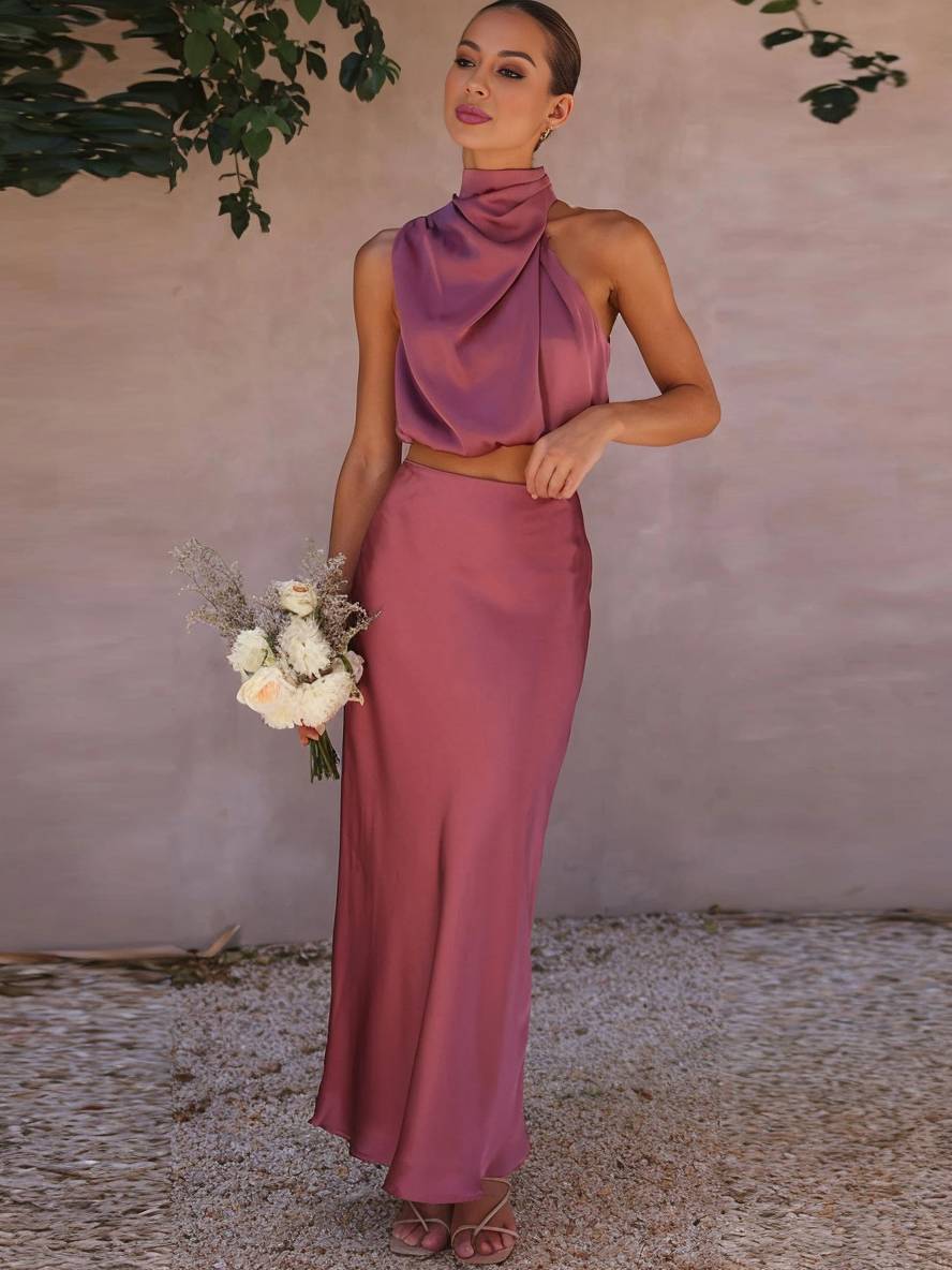 WW | Kleid Gäste Hochzeit Damen Halter Ärmellos Damen Elegante Abend Zweiteilige Brautjungfernkleid
