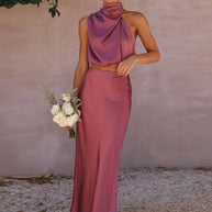 WW | Kleid Gäste Hochzeit Damen Halter Ärmellos Damen Elegante Abend Zweiteilige Brautjungfernkleid