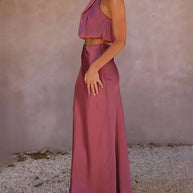 WW | Kleid Gäste Hochzeit Damen Halter Ärmellos Damen Elegante Abend Zweiteilige Brautjungfernkleid