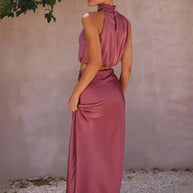 WW | Kleid Gäste Hochzeit Damen Halter Ärmellos Damen Elegante Abend Zweiteilige Brautjungfernkleid