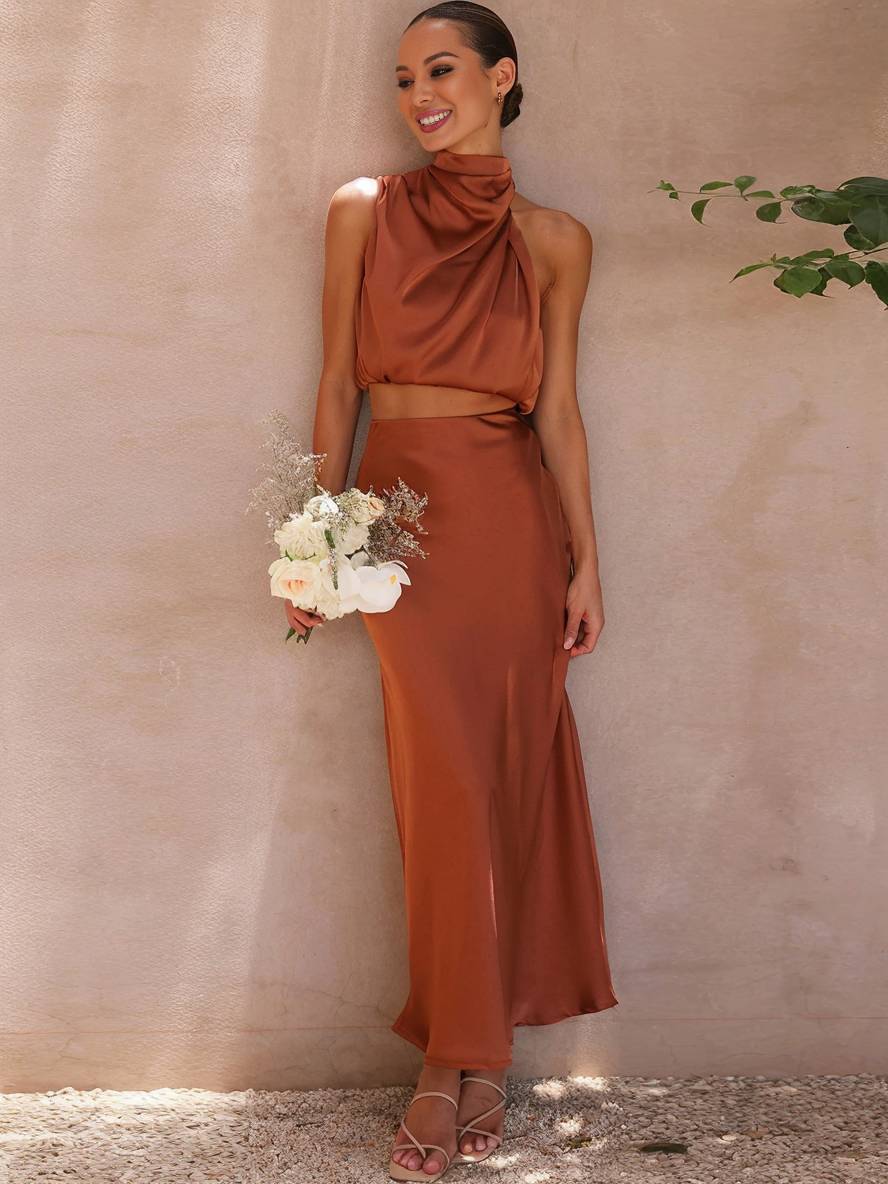 WW | Kleid Gäste Hochzeit Damen Halter Ärmellos Damen Elegante Abend Zweiteilige Brautjungfernkleid