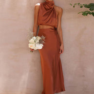 WW | Kleid Gäste Hochzeit Damen Halter Ärmellos Damen Elegante Abend Zweiteilige Brautjungfernkleid