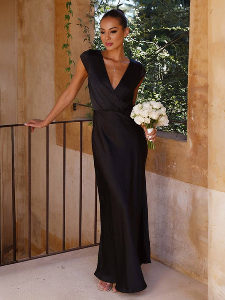 WW | Satin Kleid Trauzeugin Passform Meerjungfrau V-Ausschnitt Cap Ärmel Elegantes Abendkleid für Hochzeit