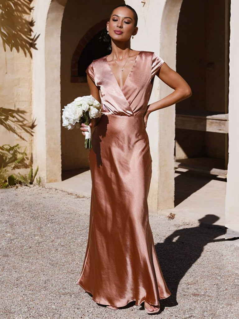 WW | Satin Kleid Trauzeugin Passform Meerjungfrau V-Ausschnitt Cap Ärmel Elegantes Abendkleid für Hochzeit