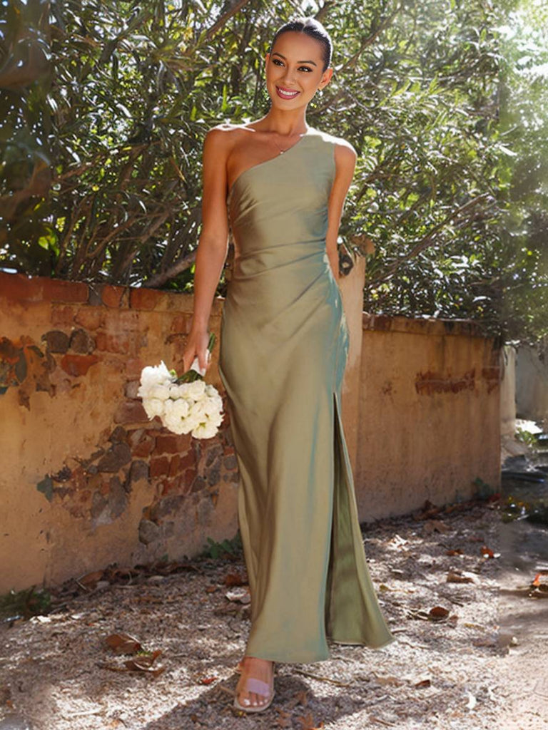WW | Kleid Brautjungfer aus Satin Eng mit Schlitz An Der Seite Eine Schulter Ohne Ärmel Elegantes Abendkleid für Hochzeit
